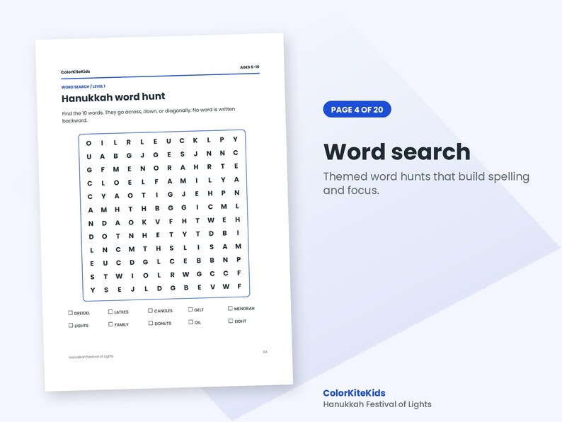 May include: A Hanukkah word search activity sheet for children ages 6-10. The page features a grid of letters, instructions, and a list of ten words to find, including Oil, Latkes, Candles, Gelt, Menorah, Lights, Family, Donuts, and Dreidel.