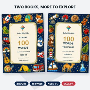 Pode incluir: Dois livros educativos intitulados ColorKiteKids My Next 100 Words para idades de 4-5 anos e 100 Words to Explore para idades de 6-7 anos. Ambos os livros apresentam capas azul-escuras com padrão de estrelas e ilustrações coloridas.