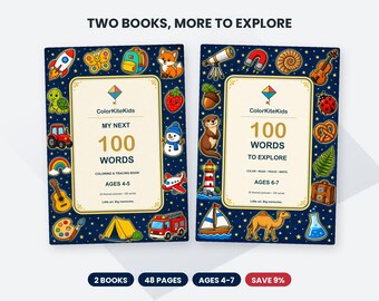 May include: Two educational books titled ColorKiteKids My Next 100 Words for ages 4-5 and 100 Words to Explore for ages 6-7. Both books feature dark blue covers with a star pattern and colorful illustrations of animals, vehicles, and objects.