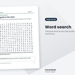 May include: A white activity sheet titled Signals in the stars featuring a word search grid with letters and a list of space-themed words including astronaut, satellite, telescope, orbit, rover, galaxy, comet, crater, rocket, module, mission, and nebula.