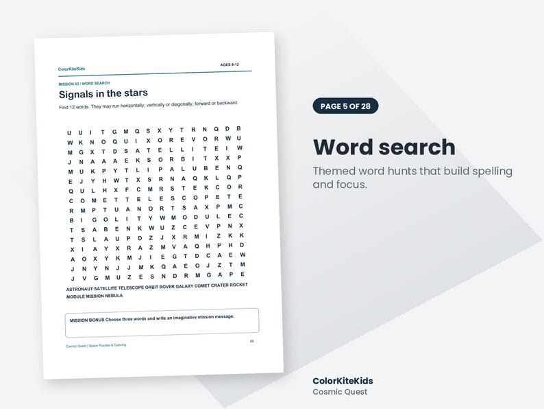 May include: A white activity sheet titled Signals in the stars featuring a word search grid with letters and a list of space-themed words including astronaut, satellite, telescope, orbit, rover, galaxy, comet, crater, rocket, module, mission, and nebula.