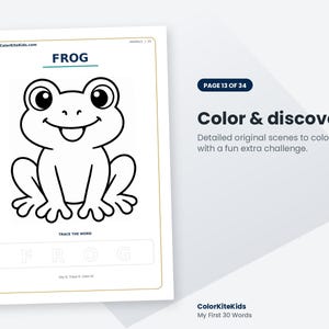 May include: A black and white coloring page featuring a cartoon frog illustration with the word FROG at the top and a section at the bottom labeled TRACE THE WORD with the letters F R O G in a light outline for tracing practice.