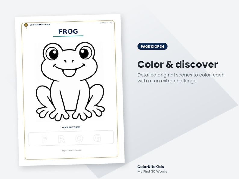 May include: A black and white coloring page featuring a cartoon frog illustration with the word FROG at the top and a section at the bottom labeled TRACE THE WORD with the letters F R O G in a light outline for tracing practice.