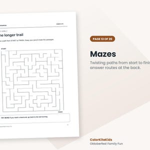 Pode incluir: Uma folha de atividades branca intitulada The longer trail, apresentando um labirinto quadrado de linhas pretas com pontos de in&iacute;cio e fim. A p&aacute;gina inclui o texto ColorKiteKids, AGES 8-10, MAZE / LEVEL 3 e instru&ccedil;&otilde;es.