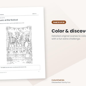Pode incluir: Uma p&aacute;gina de livro de colorir intitulada Music at the festival, com um desenho de linha em preto e branco de tr&ecirc;s m&uacute;sicos tocando acorde&atilde;o, tuba e tambor num palco, com uma crian&ccedil;a. Inclui o texto Color & discover, Page 10 of 20.