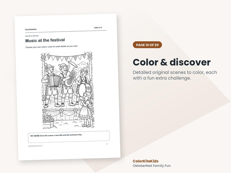 Pode incluir: Uma p&aacute;gina de livro de colorir intitulada Music at the festival, com um desenho de linha em preto e branco de tr&ecirc;s m&uacute;sicos tocando acorde&atilde;o, tuba e tambor num palco, com uma crian&ccedil;a. Inclui o texto Color & discover, Page 10 of 20.