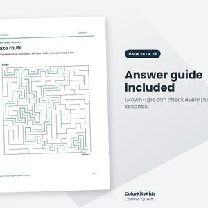 May include: A white page titled Maze route with a square maze puzzle featuring a highlighted path from START to FINISH. The text reads ColorKiteKids, AGES 8-12, ANSWER GUIDE, and Cosmic Quest. A side panel states PAGE 24 OF 28, Answer guide included.