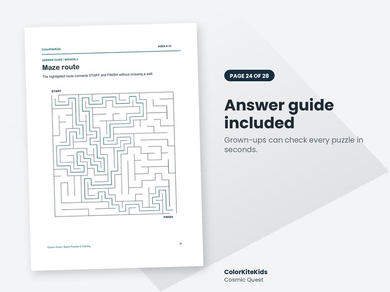 May include: A white page titled Maze route with a square maze puzzle featuring a highlighted path from START to FINISH. The text reads ColorKiteKids, AGES 8-12, ANSWER GUIDE, and Cosmic Quest. A side panel states PAGE 24 OF 28, Answer guide included.