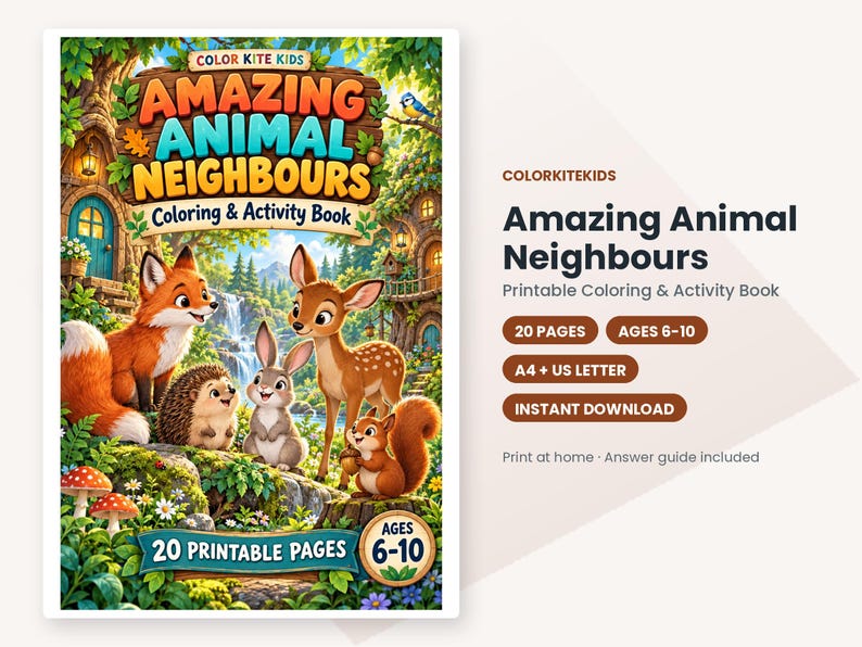 May include: A printable coloring and activity book titled Amazing Animal Neighbours by Color Kite Kids. The cover features a fox, hedgehog, rabbit, deer, and squirrel in a forest setting with text indicating 20 pages for ages 6-10.
