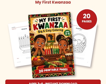 Peut inclure: Un livre de coloriage My First Kwanzaa Big & Easy pour les 3-6 ans avec 20 pages imprimables. La couverture montre deux enfants, une kinara avec des bougies allumées, un bol de fruits et un tambour. Le texte indique ColorKiteKids, My First Kwanzaa, 20 Pages.