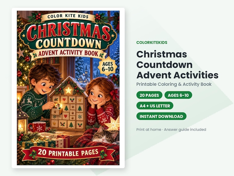 May include: Color Kite Kids Christmas Countdown Advent Activity Book featuring a festive illustration of two children with an advent calendar, a cat, and gifts. The cover text reads Christmas Countdown Advent Activity Book, Ages 6-10, and 20 Printable Pages.