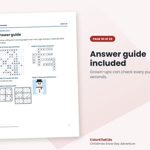 May include: A white document page titled Answer guide for ColorKiteKids Christmas Snow Day Adventure. It displays solutions for a word hunt, crossword, connect the dots, pixel picture, and number grids, with text indicating page 18 of 20.