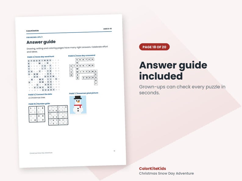 May include: A white document page titled Answer guide for ColorKiteKids Christmas Snow Day Adventure. It displays solutions for a word hunt, crossword, connect the dots, pixel picture, and number grids, with text indicating page 18 of 20.