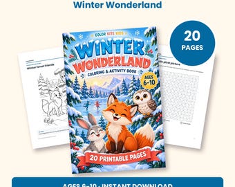 Peut inclure: Un livre de coloriage et d'activités Winter Wonderland par ColorKiteKids avec 20 pages imprimables pour les 6-10 ans. La couverture montre un renard, un lapin et un hibou dans une forêt enneigée. Inclut des pages intérieures avec un dessin.