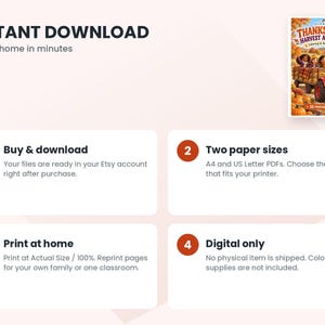 May include: A digital Thanksgiving Harvest Adventure coloring and activity book featuring a red tractor and children in a field. The graphic includes four numbered steps explaining the instant download, A4 and US Letter PDF paper sizes, home printing, and digital-only delivery.