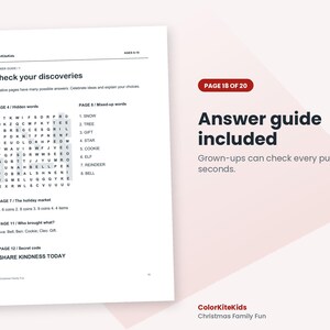 May include: A white printed document titled Answer guide with the text ColorKiteKids, AGES 8-10, Check your discoveries, and various puzzle solutions including a word search grid, lists of words, and the phrase SHARE KINDNESS TODAY.