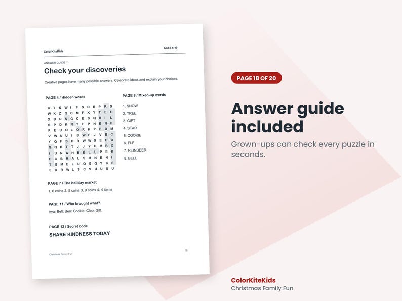 May include: A white printed document titled Answer guide with the text ColorKiteKids, AGES 8-10, Check your discoveries, and various puzzle solutions including a word search grid, lists of words, and the phrase SHARE KINDNESS TODAY.