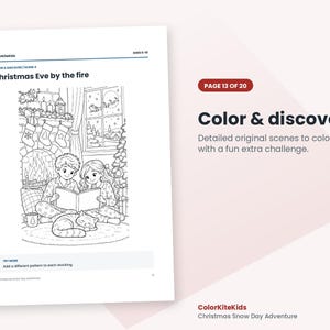 May include: A black and white colouring page titled Christmas Eve by the fire from ColorKiteKids. It features two children reading a book by a fireplace with stockings, a Christmas tree, and a cat. The page includes a challenge to add a pattern to each stocking.