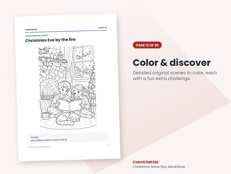 May include: A black and white colouring page titled Christmas Eve by the fire from ColorKiteKids. It features two children reading a book by a fireplace with stockings, a Christmas tree, and a cat. The page includes a challenge to add a pattern to each stocking.