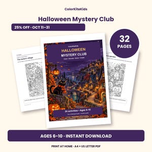 May include: A 32-page Halloween Mystery Club activity book for ages 6-10. The cover features a black cat, pumpkins, and a village scene. Text includes ColorKiteKids, Halloween Mystery Club, Color-Decode-Solve-Create, and 24 activities.
