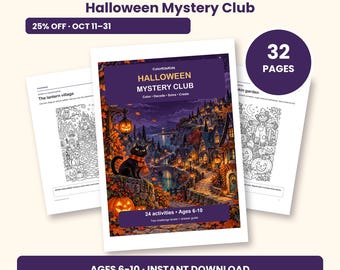 May include: A 32-page Halloween Mystery Club activity book for ages 6-10. The cover features a black cat, pumpkins, and a village scene. Text includes ColorKiteKids, Halloween Mystery Club, Color-Decode-Solve-Create, and 24 activities.