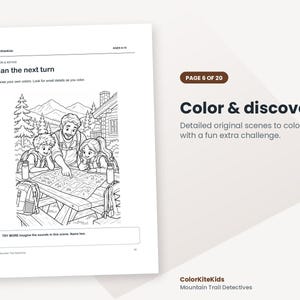 May include: A black and white colouring page titled Plan the next turn featuring an adult and two children looking at a map on a picnic table near a cabin and mountains. The text includes ColorKiteKids, AGES 6-10, and TRY MORE Imagine the sounds in this scene. Name two.