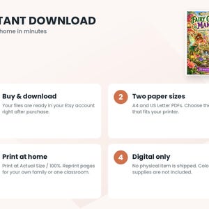 May include: A digital coloring and activity book titled Fairy Garden Makers featuring colorful illustrations of fairies in a garden setting. The product includes 20 printable pages in A4 and US Letter sizes for home printing.