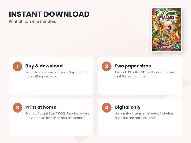 May include: A digital coloring and activity book titled Fairy Garden Makers featuring colorful illustrations of fairies in a garden setting. The product includes 20 printable pages in A4 and US Letter sizes for home printing.