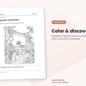 May include: A black and white coloring page titled A garden celebration featuring two fairies, a hedgehog, and a mushroom table. The text includes ColorKiteKids, AGES 6-10, COLOR & NOTICE, and TRY MORE: Tell a short story about what happens next.