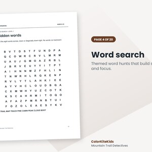 May include: A white activity sheet titled Hidden words featuring a grid of black letters for a word search puzzle. The page includes instructions, the text ColorKiteKids, ages 9-10, and a list of words including TRAIL, MAP, TRACK, PINE, CABIN, PEAK, CLOUD, and BOOT.