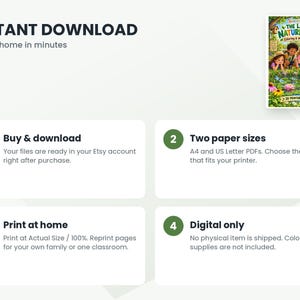 May include: A digital coloring and activity book titled The Little Nature Club featuring a colorful illustration of children by a pond. The graphic includes four numbered steps explaining the instant download process for A4 and US Letter PDFs.