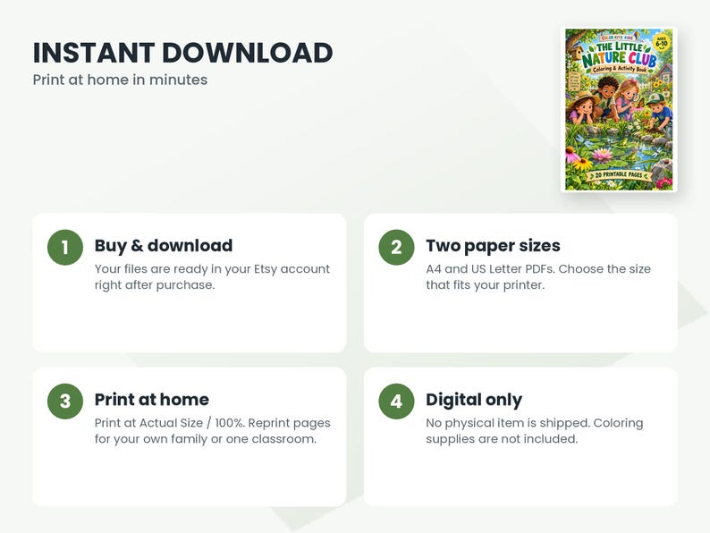 May include: A digital coloring and activity book titled The Little Nature Club featuring a colorful illustration of children by a pond. The graphic includes four numbered steps explaining the instant download process for A4 and US Letter PDFs.