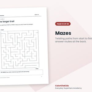 May include: A white activity sheet titled The longer trail, featuring a black-lined square maze with start and finish points. The page includes text instructions, age range 9-10, and the brand name ColorKiteKids. The layout is clean and simple.