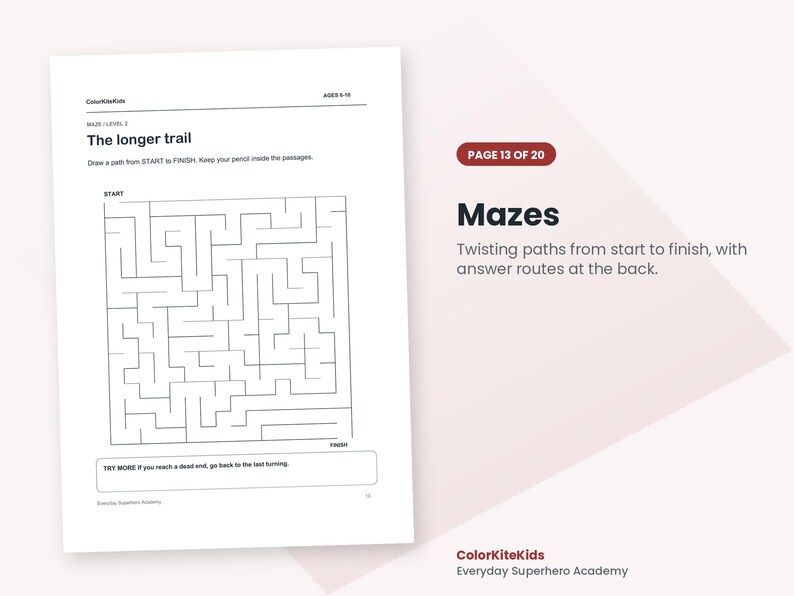 May include: A white activity sheet titled The longer trail, featuring a black-lined square maze with start and finish points. The page includes text instructions, age range 9-10, and the brand name ColorKiteKids. The layout is clean and simple.