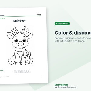 May include: A coloring page titled Reindeer featuring a black and white line drawing of a seated reindeer wearing a scarf. The page includes the text ColorKiteKids, Ages 3-6, Color Me 8 of 9, Trace, REINDEER, and My Christmas Countdown.