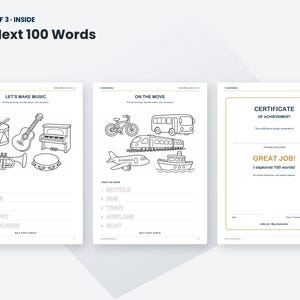 K&ouml;nnte beinhalten: Drei Seiten aus dem p&auml;dagogischen Aktivit&auml;tsbuch My Next 100 Words. Die Seiten enthalten schwarz-wei&szlig;e Strichzeichnungen von Musikinstrumenten und Fahrzeugen zum Ausmalen sowie W&ouml;rter zum Nachspuren und eine Seite f&uuml;r eine Erfolgsurkunde.