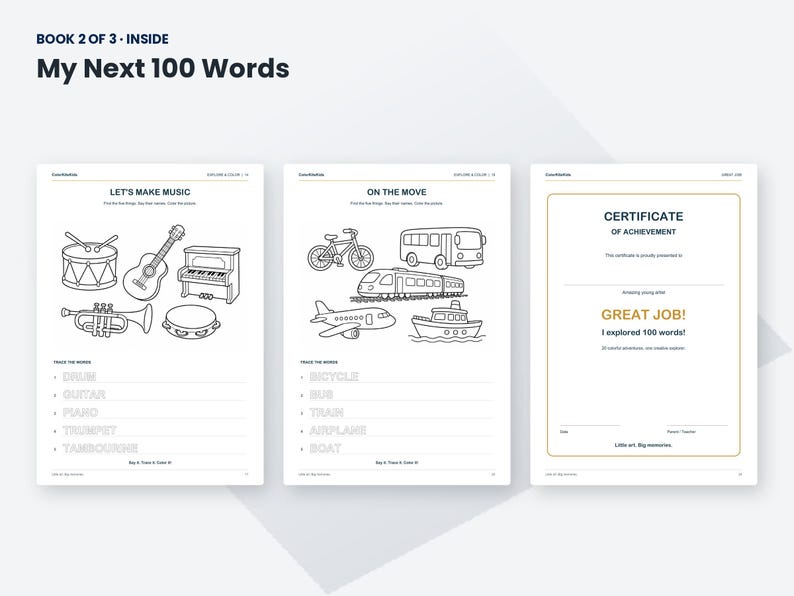 K&ouml;nnte beinhalten: Drei Seiten aus dem p&auml;dagogischen Aktivit&auml;tsbuch My Next 100 Words. Die Seiten enthalten schwarz-wei&szlig;e Strichzeichnungen von Musikinstrumenten und Fahrzeugen zum Ausmalen sowie W&ouml;rter zum Nachspuren und eine Seite f&uuml;r eine Erfolgsurkunde.