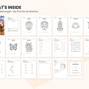 May include: A digital coloring book titled My First D&iacute;a de Muertos featuring 20 printable pages. The collection includes black and white line art illustrations of marigolds, sugar skulls, candles, sweet bread, a puppy, and a butterfly.