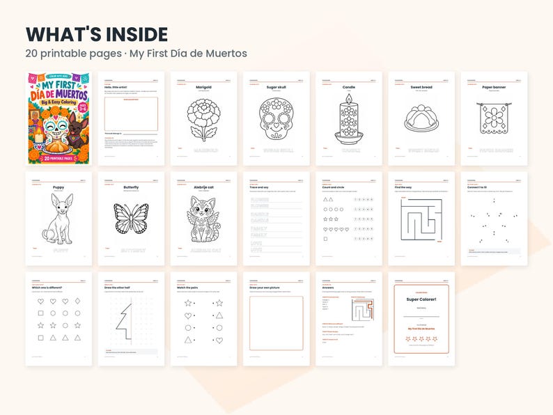May include: A digital coloring book titled My First D&iacute;a de Muertos featuring 20 printable pages. The collection includes black and white line art illustrations of marigolds, sugar skulls, candles, sweet bread, a puppy, and a butterfly.