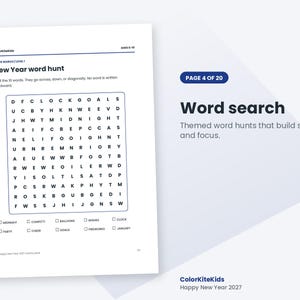 May include: A white activity sheet titled New Year word hunt with a grid of letters for a word search puzzle. Below the grid are checkboxes for words including Midnight, Confetti, Balloons, Wishes, Clock, Party, Cheer, Goals, Fireworks, and January.