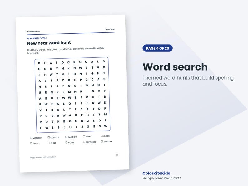 May include: A white activity sheet titled New Year word hunt with a grid of letters for a word search puzzle. Below the grid are checkboxes for words including Midnight, Confetti, Balloons, Wishes, Clock, Party, Cheer, Goals, Fireworks, and January.