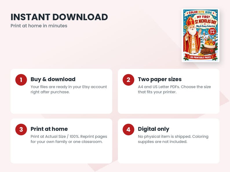 May include: A digital coloring book titled My First St. Nicholas Day featuring an illustration of Saint Nicholas with a staff and a boot filled with gifts. The document includes instructions for downloading, printing on A4 or US Letter paper.