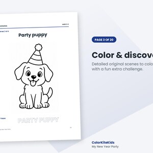 May include: A coloring page titled Party puppy featuring a line drawing of a puppy wearing a party hat with a pom-pom. Below the puppy, the words PARTY PUPPY are written in a dotted font for tracing. The page includes the text ColorKiteKids.