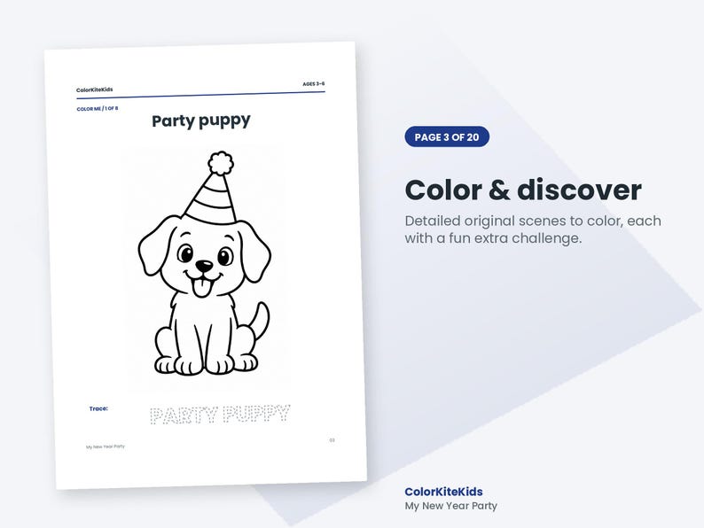 May include: A coloring page titled Party puppy featuring a line drawing of a puppy wearing a party hat with a pom-pom. Below the puppy, the words PARTY PUPPY are written in a dotted font for tracing. The page includes the text ColorKiteKids.