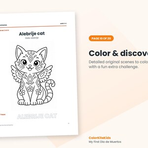 May include: A coloring page titled Alebrije cat featuring a black and white line drawing of a winged cat with decorative patterns, flowers, and geometric shapes. The page includes the text ColorKiteKids, Ages 3-8, Color me, and Alebrije cat.