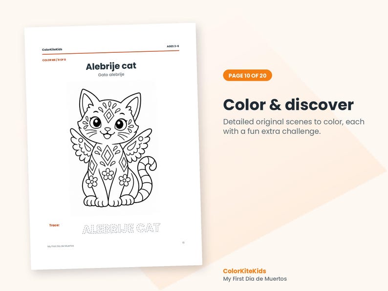 May include: A coloring page titled Alebrije cat featuring a black and white line drawing of a winged cat with decorative patterns, flowers, and geometric shapes. The page includes the text ColorKiteKids, Ages 3-8, Color me, and Alebrije cat.