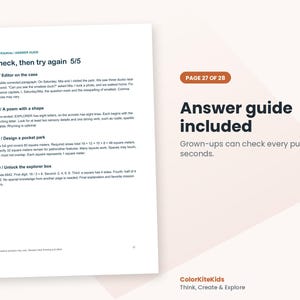 May include: A white page from an answer guide titled Check, then try again 5/5, featuring numbered educational exercises 17 through 20. The text includes instructions for grammar, poetry, geometry, and logic puzzles for children.