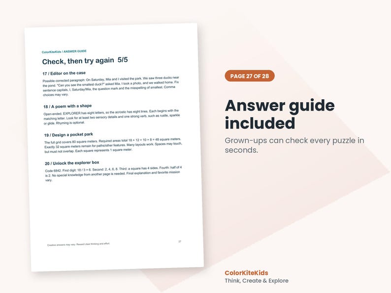 May include: A white page from an answer guide titled Check, then try again 5/5, featuring numbered educational exercises 17 through 20. The text includes instructions for grammar, poetry, geometry, and logic puzzles for children.