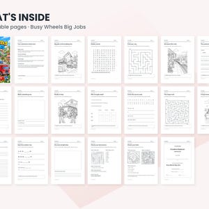 May include: A digital collection of 20 printable activity pages titled Busy Wheels Big Jobs, featuring a colorful cover page and black and white worksheets including word searches, mazes, writing prompts, and construction vehicle illustrations.