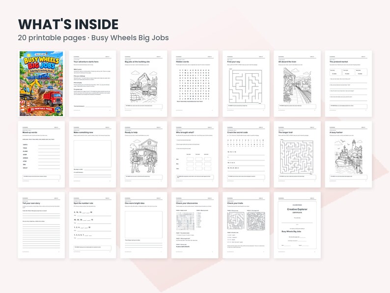 May include: A digital collection of 20 printable activity pages titled Busy Wheels Big Jobs, featuring a colorful cover page and black and white worksheets including word searches, mazes, writing prompts, and construction vehicle illustrations.